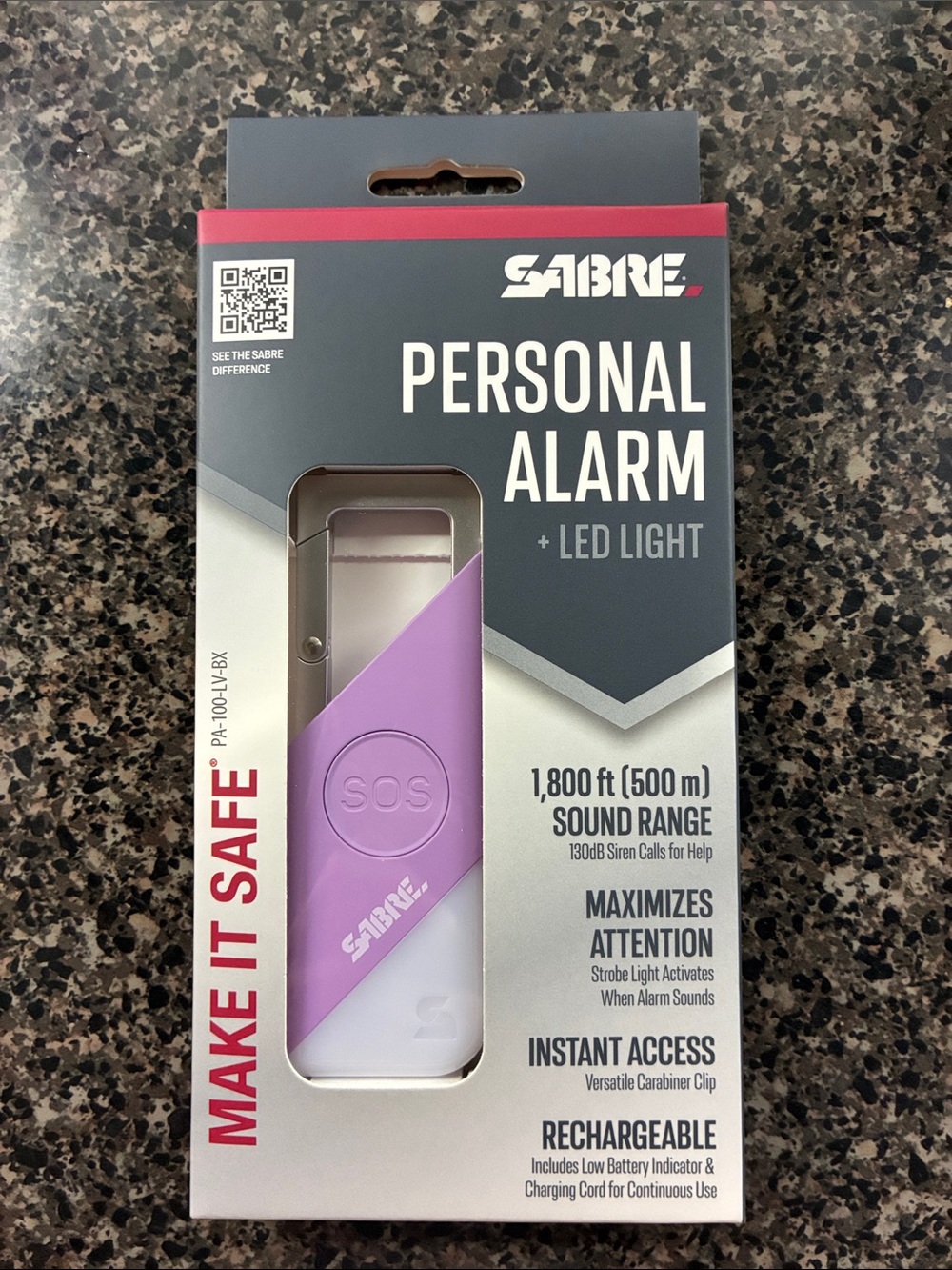 SABRE Personal Alarm + LED Light — Lavender/White with hook